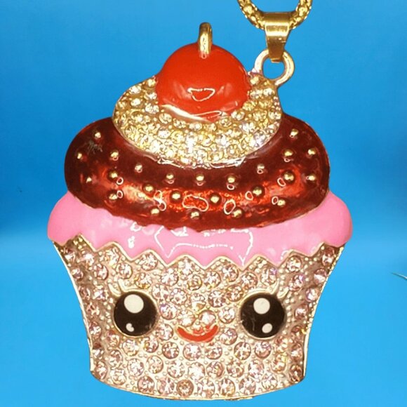 Cute Cupcake Pendant Necklace • Rhinestone Cherry Top • Gift Boxed Kawaii Jewelr - Picture 2 of 5